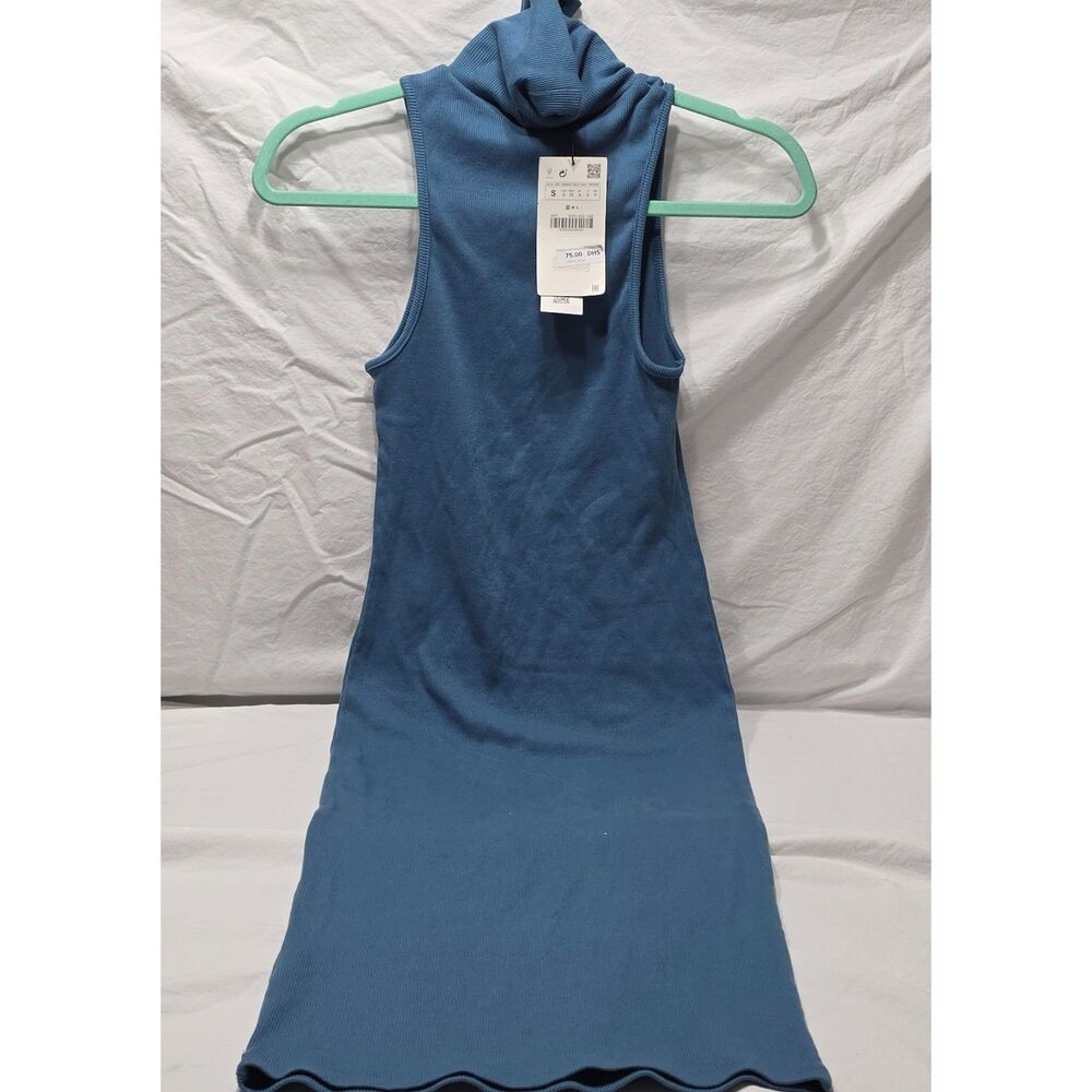 NWT Zara Blue Ribbed Mock Neck Sleeveless Bodycon Midi Dress Size S